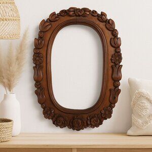 VTG Hand Carved Wooden Oval Frame Floral Boho Wall Art Frame Rustic Cottagecore